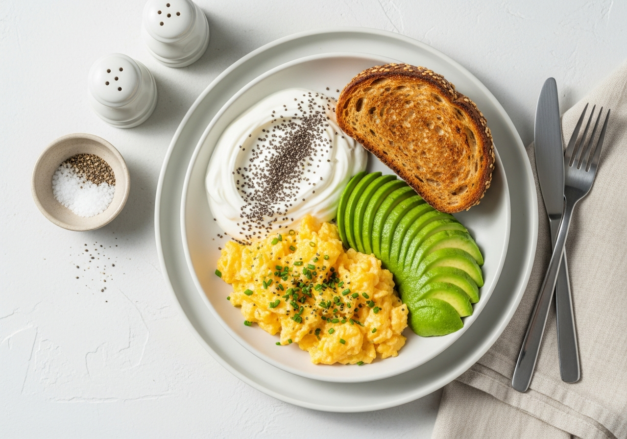 High-protein breakfast — eggs, yogurt, avocado