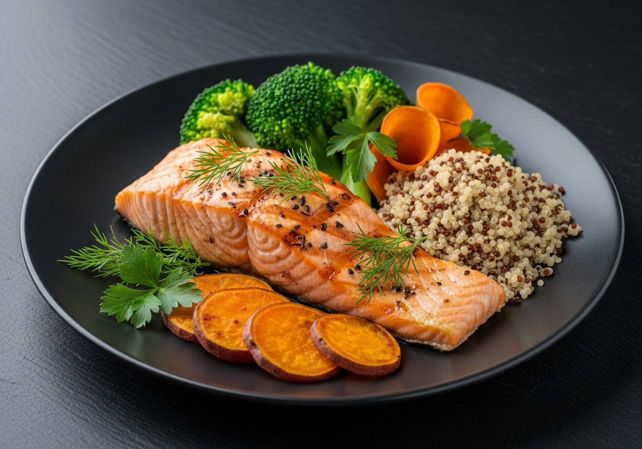 High-protein dinner — salmon with vegetables and quinoa