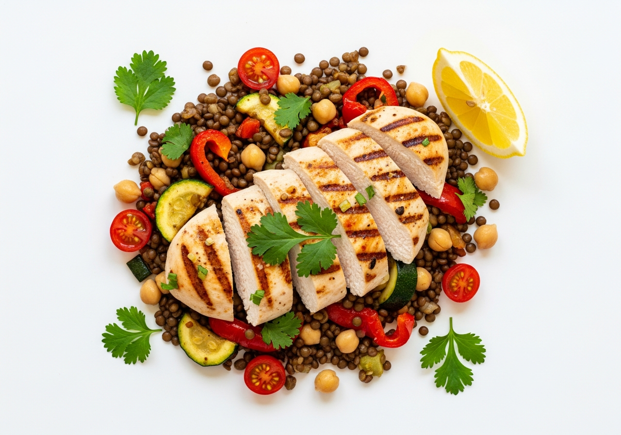 High-protein lunch — grilled chicken on lentils